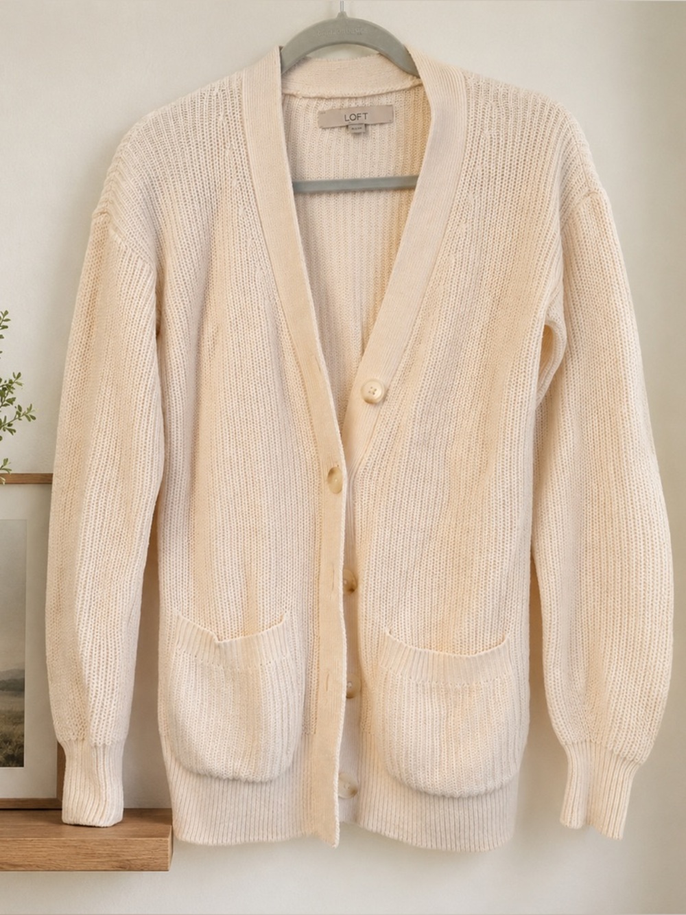 LOFT Ivory Knit Cardigan Sweater | Button Front Pocket Cardigan